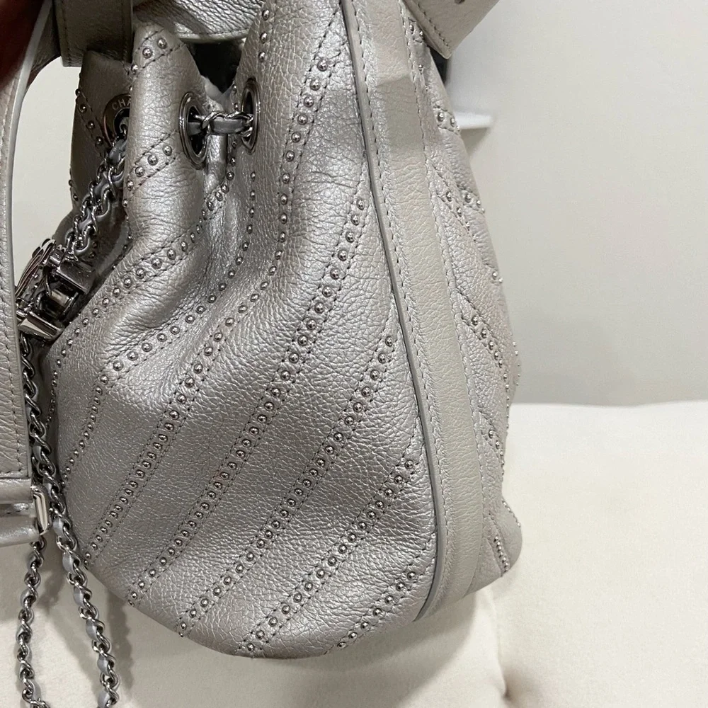 Chanel drawstring Metallic Calfskin Studded Chevron Quilted Crossbody - Picture 9 of 13